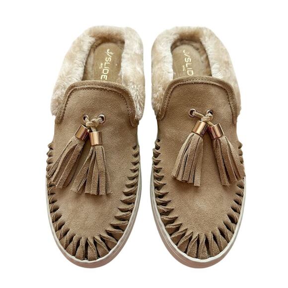 J/SLIDES Azul Tan Suede Perforated Suede Chunky Mules Size 8 Faux Fur Lined - Picture 1 of 14